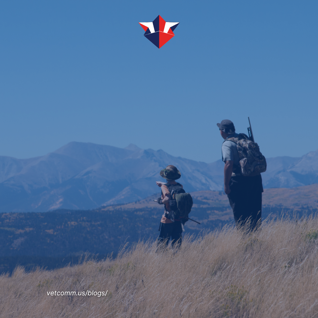 Two military veterans hunting in a forest, using their free veteran hunting and fishing licenses