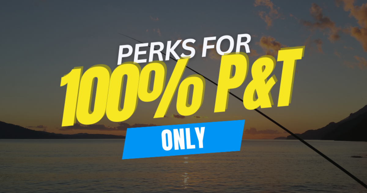 Graphic text reading “Perks for 100% P&T” highlighting VA benefits for veterans.