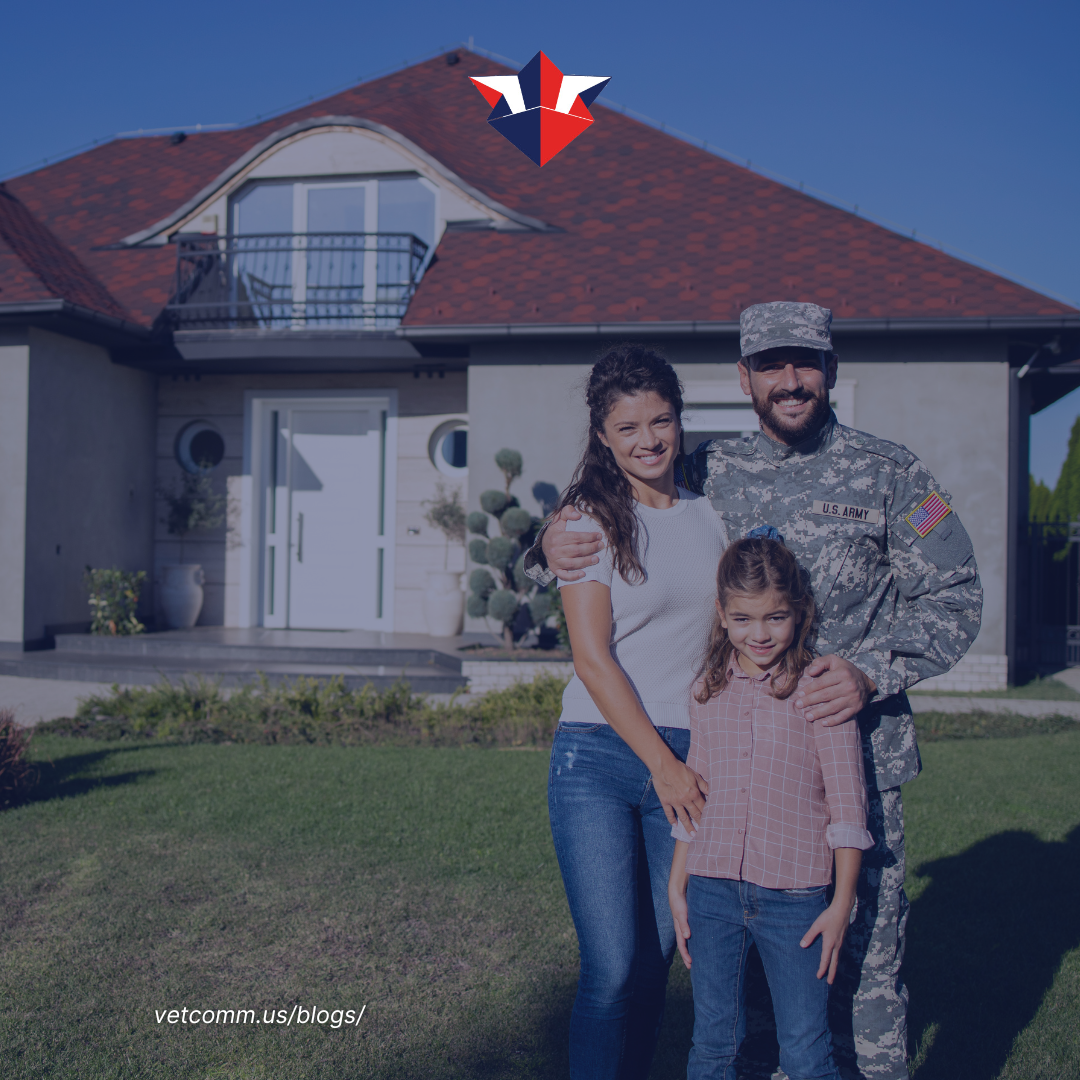 Military family standing proudly in front of their new home, symbolizing VA home loan benefits